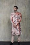 Baby Pink and Black Tie Dye Sherwani with Plain Kurta and Churidar